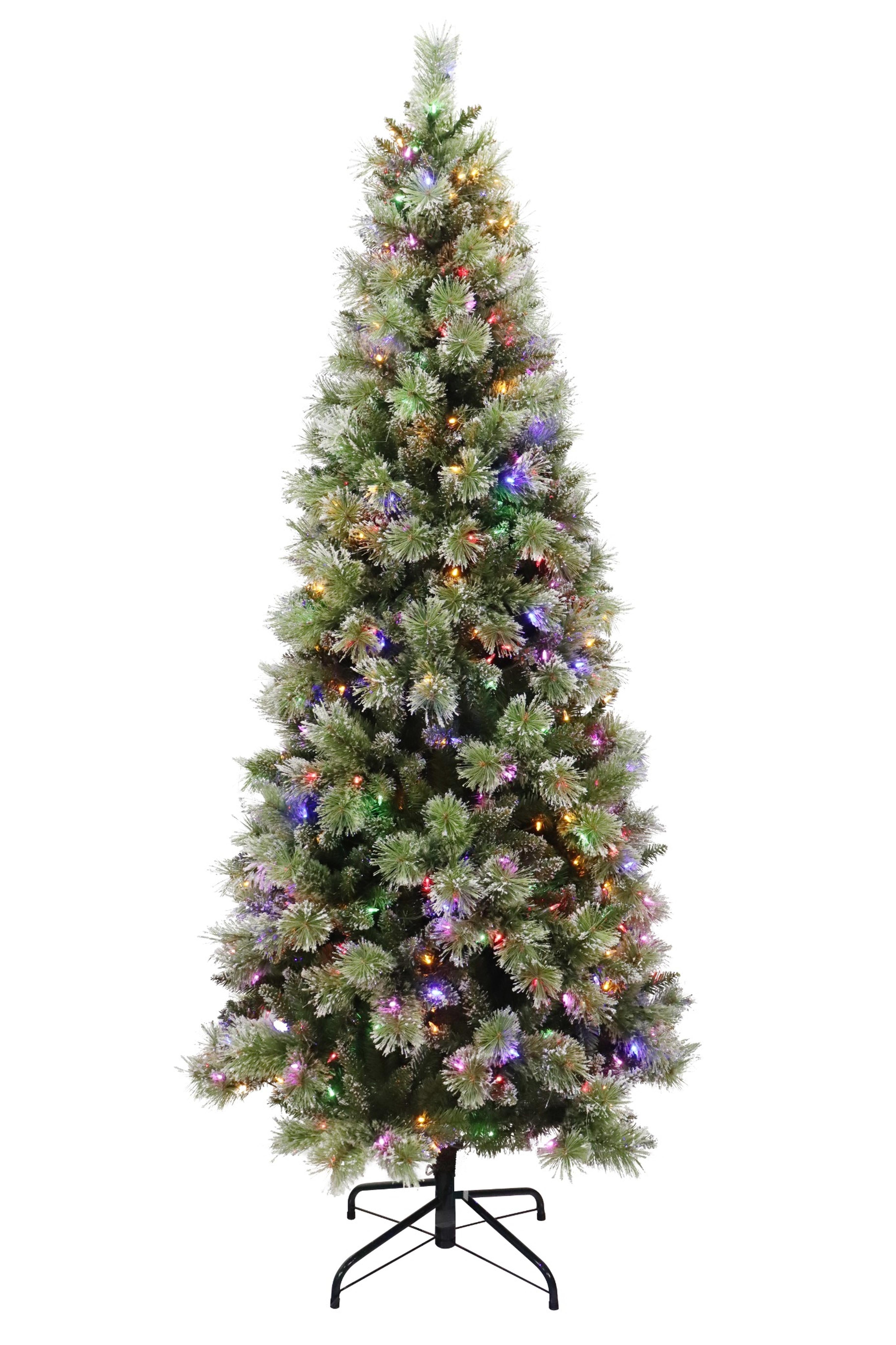 Puleo International 7.5ft Pre-Lit Snowy Silverton Pine Slim Tree with Glitter and  450 Dual Color LED Lights